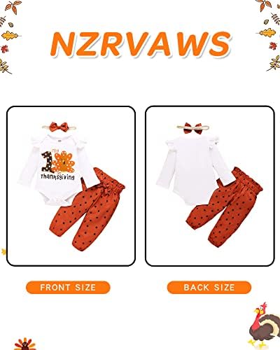 NZRVAWS/ Облекло за Деня На Благодарността За Малки Момичета 3-6 Месеца, Гащеризон С Дълги ръкави И Набори + Дълги Панталони + Превръзка