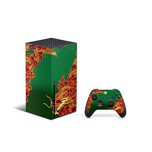 ZOOMHITSKINS, който е съвместим за Xbox Series X Кожа, Корица Series X Skin, Зелено и оранжево Oriental Dragon, Здрав и монтиране,
