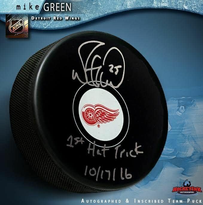 МАЙК ГРИЙН подписа на шайбата на Детройт Ред Уингс с надпис 1-ва хеттрик 17.10.16 - за Миене на НХЛ с автограф