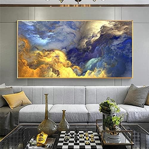 Златното и Синьото Облак от Мъгла Платно Стенно Изкуство Оверсайз Абстрактни Плакати на Платно в Рамка и Щампи Съвременно Изкуство