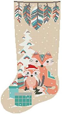 Коледни чорапи с шарките на кръстат бод PDF, животни в стил Бохо, Лисица, Раднево, модерен брои Лесен сладък зимен дизайн DMC за