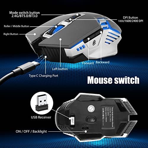 Безжична мишка с Bluetooth, акумулаторна, за няколко устройства (BT5.0/3.0 + USB), Ергономична мишка за компютър с акумулаторна