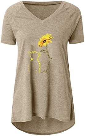 Женска Тениска с Къс Ръкав 2023, Памучен Блуза Sun Котка, на Слънчогледа с Цветен Модел, Скъпа Блуза за Късна Закуска, Тениска,
