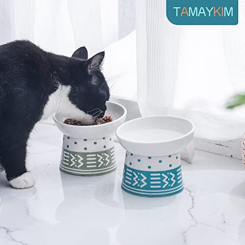 TAMAYKIM Наклонени Керамични Купи за котки с повдигната горна част, Набор от миск за храна и вода, с повдигната горна част за котки