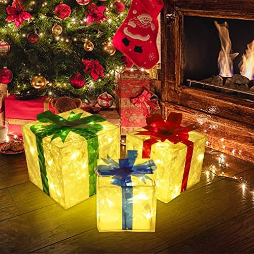 Liooty Комплект от 3 Коледни подаръци Кутии с подсветка, 60 led Подарък Кутии с топла бяла Подсветка, Коледна Украса, Подаръци Кутии с Лъкове за Коледната Елха, Коледна де?