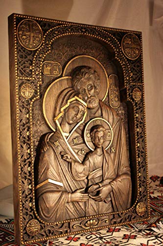 Декоративна дъска за християнската Коледа с дърворезба Светото Семейство - Стенни панела - Художествена работа от масивно дърво