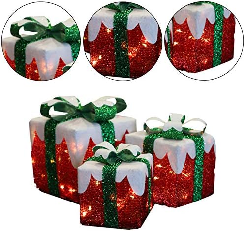 MorTime Комплект от 3 Led Подарък Кутии, Коледни Кутии със Зелени Панделки, Осветени от Червени Кутии с 60 Led Гирлянди за Коледната