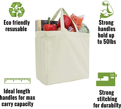 За многократна употреба Платно Хранителни чанти Threadart от памук, повишена здравина, 3 броя|, Със Здрави дръжки могат да