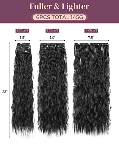 Шнола за коса разширения, LONAI 6ШТ 24 Черни коса за удължаване, дълги вълни русалка, вълнообразни синтетични игли за коса за жени