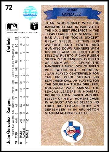 1990 Горната deca 72 Хуан Гонзалес RC NM-MT Тексас Рейнджърс Официално Лицензирана бейзболна картичка MLB