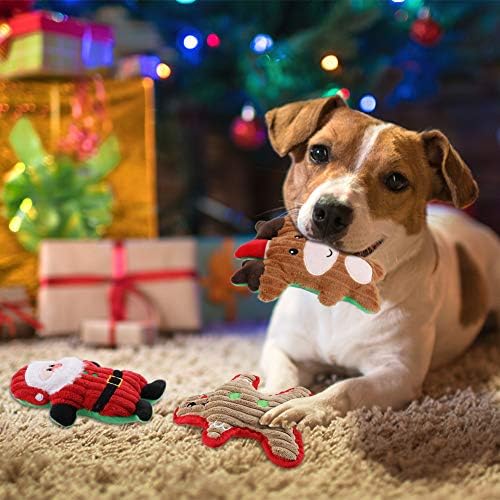 QKURT 3 БР. Коледни Играчки за Кучета, Плюшени Писклив Играчки За Кучета В Комплект, Златен Елен на Дядо Коледа Е идеален за Малка