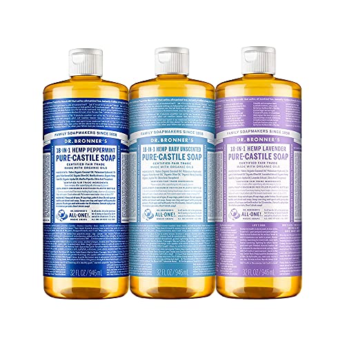 Dr. Bronner's - Течен сапун от чиста Кастилска (3 опаковки в 32 унции) С мента, без аромат за бебета, лавандула - Произведено на базата на органични масла, на 18 в 1. Приложение: ?
